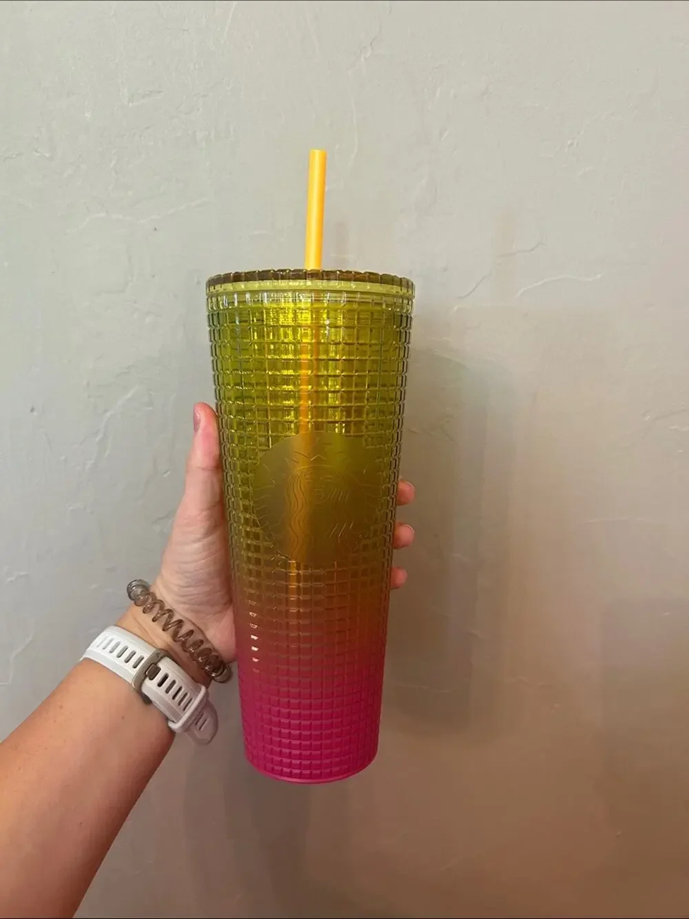 Starbucks Yellow to Pink Grid Tumbler with Yellow Straw
